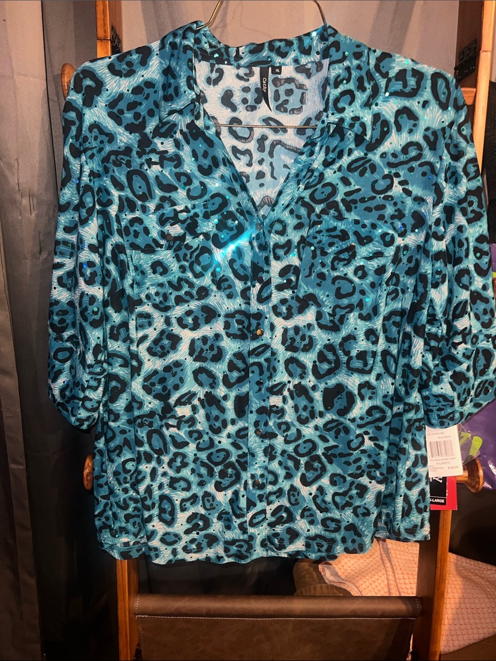Blue Animal-Print Button-Front Women's Top Cathy brand size XL NWT